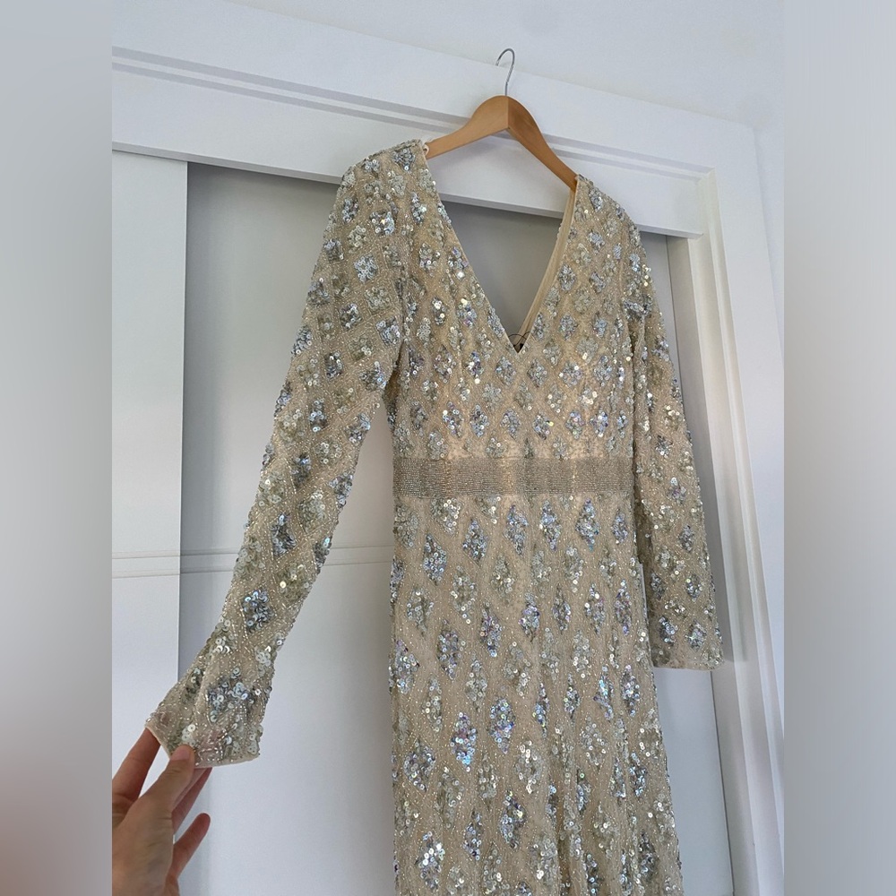 Mac Duggal Long Sleeve Cream Gown with Silver Accents - Picture 7 of 10